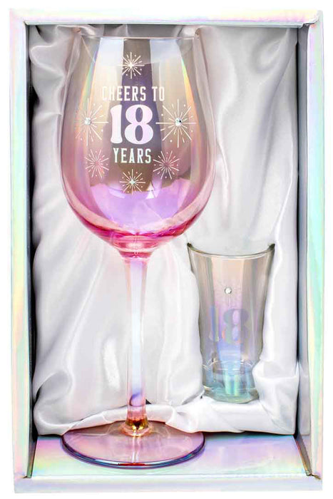 18th Pink Holographic Wine & Shot Glass Gift Set