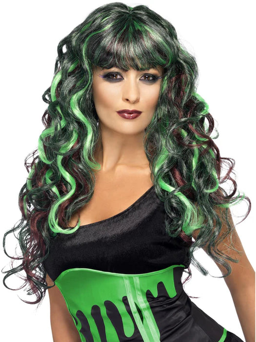 Monster Wig, Black & Green Long Curly with Fringe