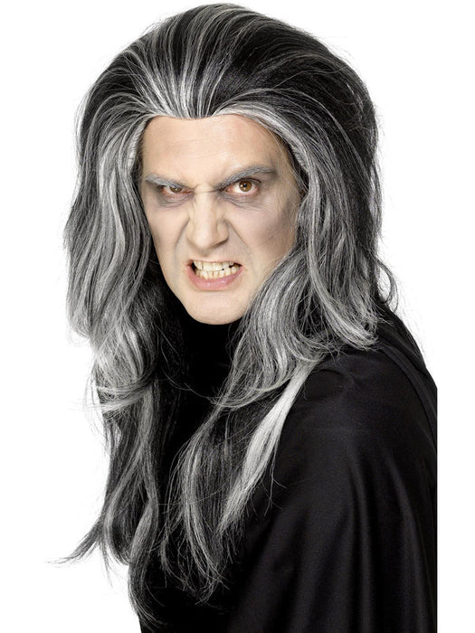 Gothic Vampire Wig, Black, Long with White Highlights