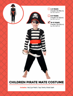 Children Pirate Mate Costume 10-12 Years