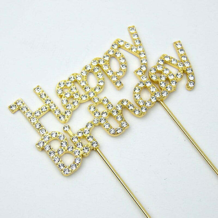 Gold Diamonte Cake Topper Happy Birthday 9cm