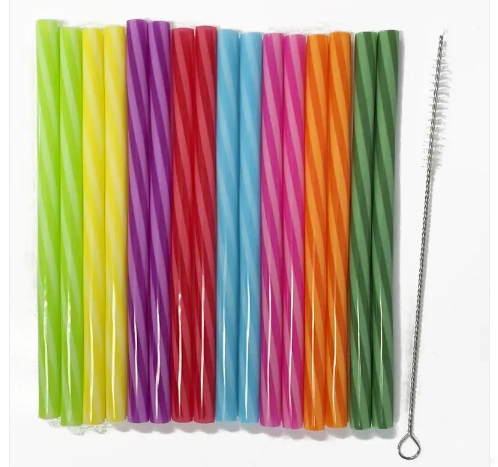Multicolour Plastic Reusable Straws with Brush 18cm 16 Pack
