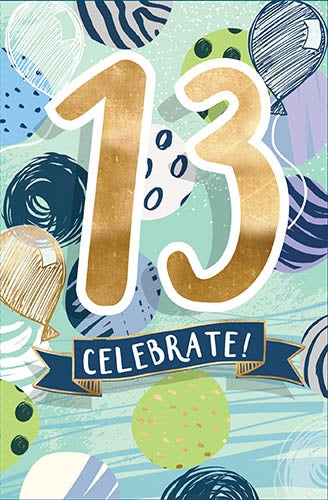 13 Celebrate Gold/Green Balloons Birthday Card