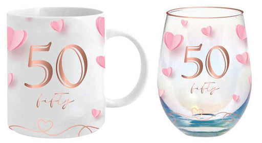 50th Pink Birthday Mug & Stemless Glass Set