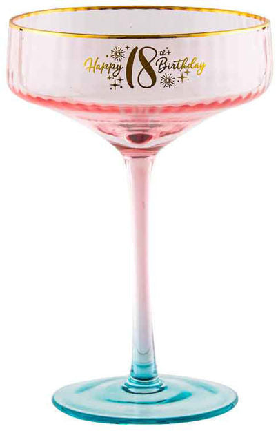 18th Pink Fluted Coupe Glass With Gold Writting 300ml