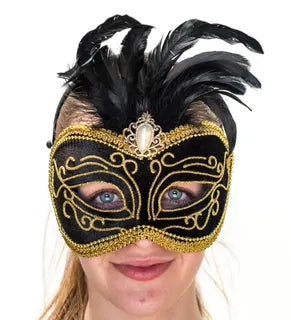 Black/Gold Feather Masquerade Mask
