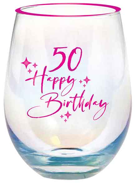 50th Hot Pink Foil Decal Stemless Wine Glass 600ml