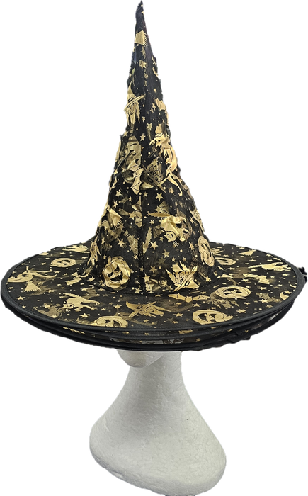 Witch Hat Black with Gold Pumpkins, Bats & Witches