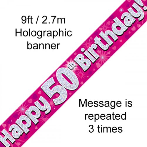 Happy Birthday Pink Holographic 9ft Banner