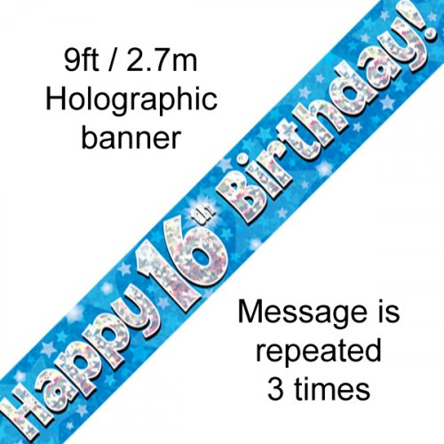 Happy Birthday Blue Holographic 9ft Banner