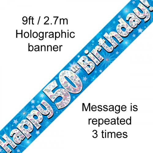 Happy Birthday Blue Holographic 9ft Banner