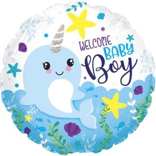 18" Foil Balloon Welcome Baby Boy Narhwal
