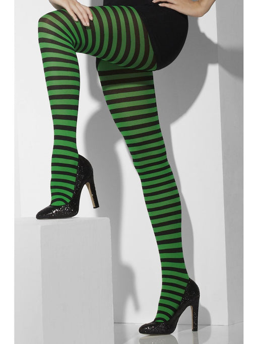 Green & Black Striped Opaque Tights