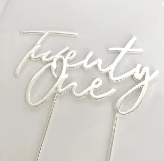 'Twenty One'  Metal Cake Topper, Gold, Rose gold Or Silver
