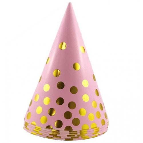 Pink With Gold Dots 6 Pack Cone Party Hats