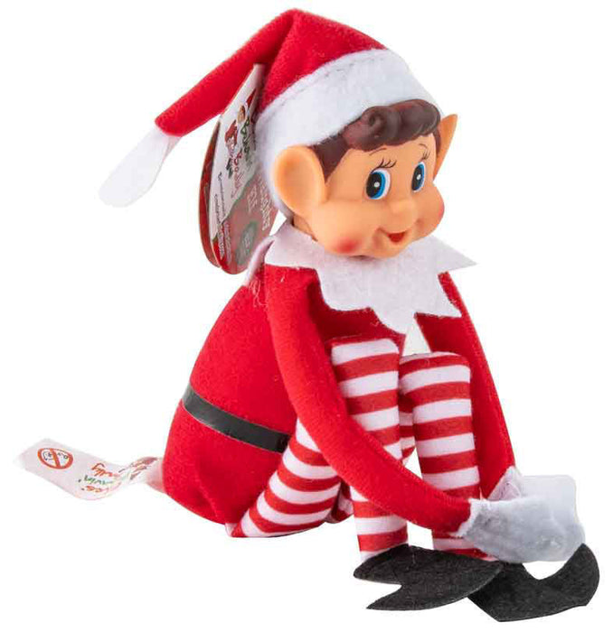 Red-and-white Elfie Elf Christmas decoration wearing a Santa hat and striped legs