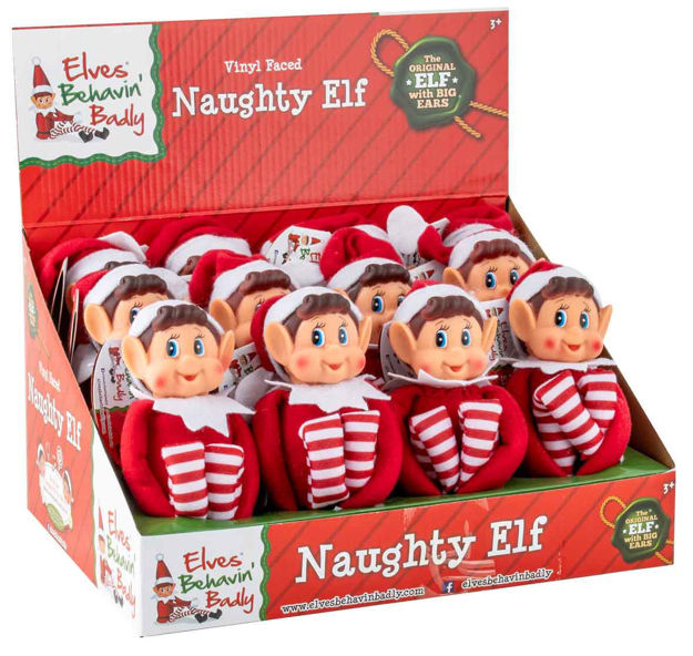 Elfie Elf Christmas decorations shown in a Naughty Elf display box