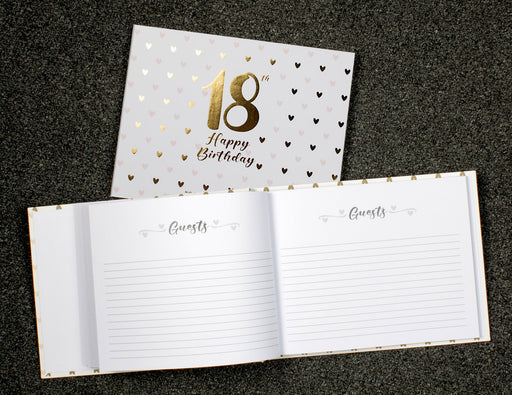 18th Sweet Heart Guest Book with Gold Text, open guest book showing lined pages