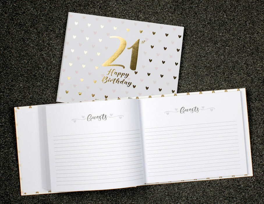 21st Sweet Heart Guest Book with Gold Text, open guest book showing lined pages