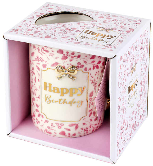 Happy Birthday pink and gold pretty bow mug shown in its matching display box