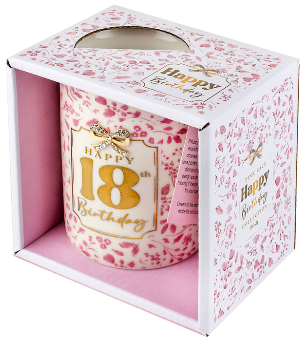18th birthday pink and gold pretty bow mug shown in its matching display box