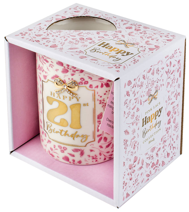 21st birthday pink and gold pretty bow mug shown in its matching display box