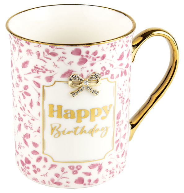 Front view of pink and gold Happy Birthday pretty bow mug