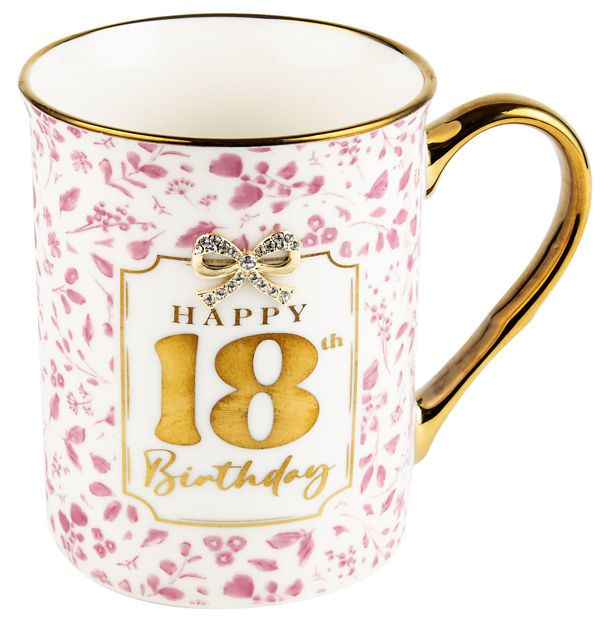 Front view of pink and gold 18th birthday pretty bow mug