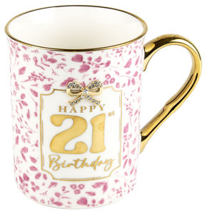 Close view of the pink and gold 21st birthday pretty bow mug