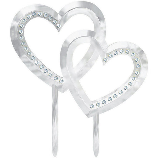 Silver Double Heart Plastic Cake Topper With Gems