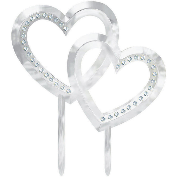 Silver Double Heart Plastic Cake Topper With Gems
