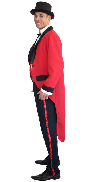 Side view of ringmaster costume showing red tailcoat and red stripe on black trousers