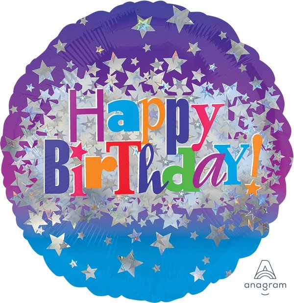 Happy Birthday Purple/Blue With Silver Stars Holographic Foil 43cm