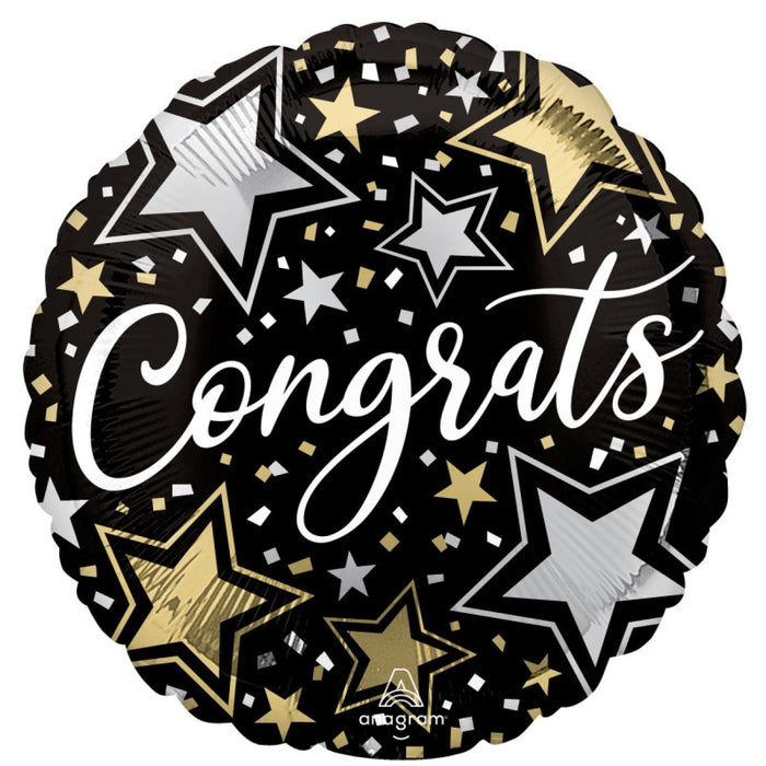 18" Foil Balloon "Congrats" Black With Gold/Silver Stars
