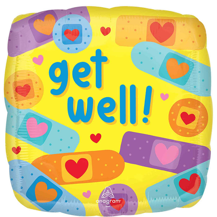 Get Well Foil Balloon 43cm With Colourful Hearts