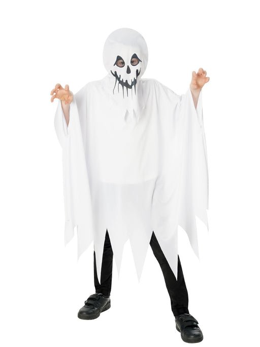 Child wearing white ghost poncho with tattered edges and separate printed ghost-face hood