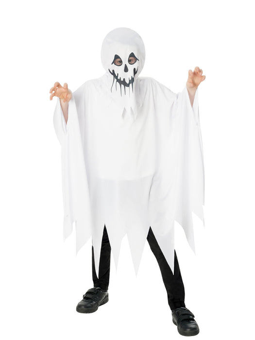 Child wearing white ghost poncho with tattered edges and separate printed ghost-face hood