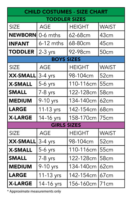 Children’s costume size chart: Small 7–8 years height 122–128 cm and waist 58 cm