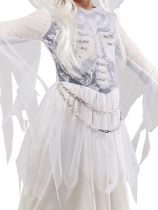 Close-up of Ghostly Girl costume glittery ribcage and plastic chain detailing