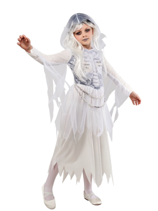 Ghostly Girl children’s white hooded costume with tattered sleeves, glittery ribcage detail and plastic waist chains