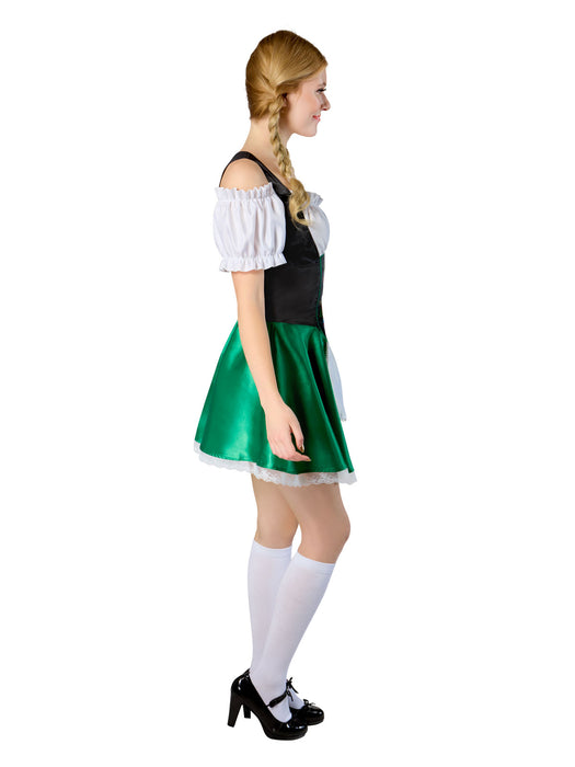 Green Bavarian women's costume dress side view showing the satin green skirt and white blouse
