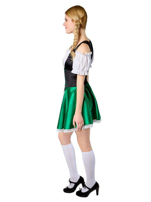 Green Bavarian women's costume dress side view with white blouse, black bodice and green skirt