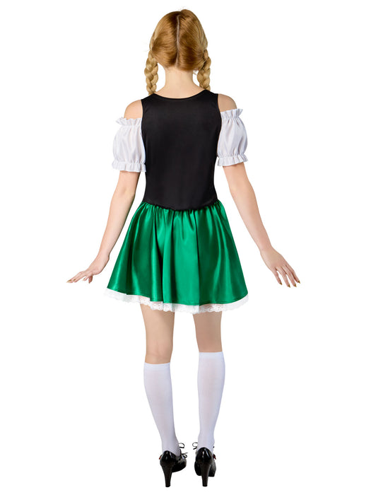 Green Bavarian women's costume dress back view with black bodice and green skirt