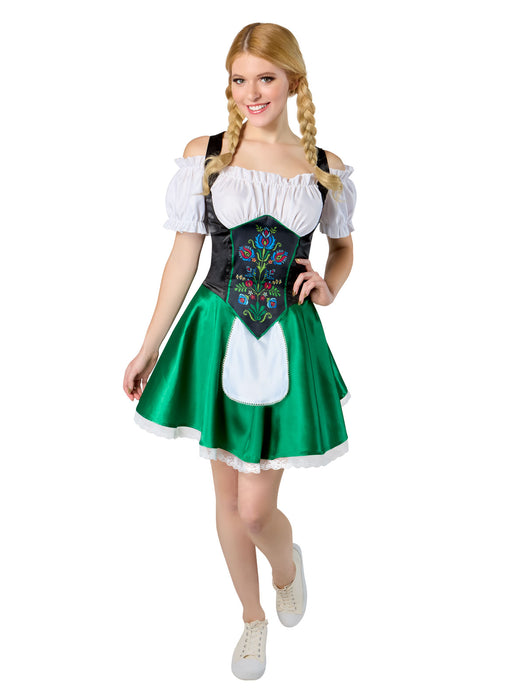 Green Bavarian women's costume dress front view with white blouse, black bodice and green skirt