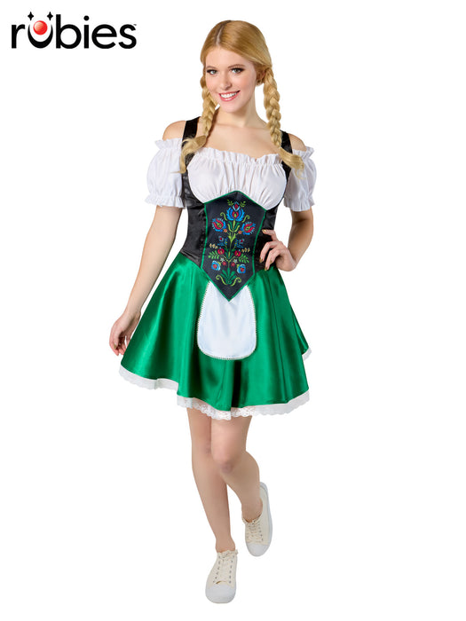 Green Bavarian women's costume dress front view with white blouse, black bodice and green skirt