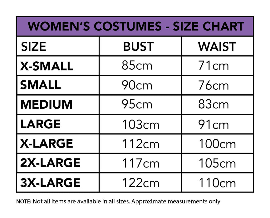 Women's costume size chart showing X-Small through 3X-Large bust and waist measurements