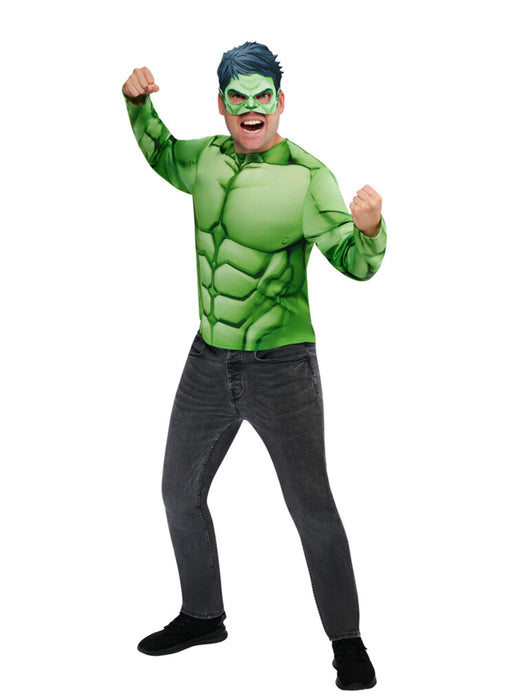 Hulk Adult Costume Top M/L - front three-quarter view with mask showing printed Hulk face features
