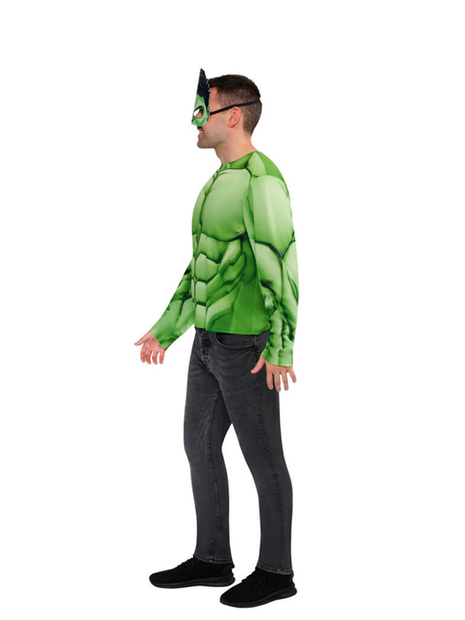 Hulk Adult Costume Top M/L - side view showing full length printed sleeves and Hulk mask with elastic strap
