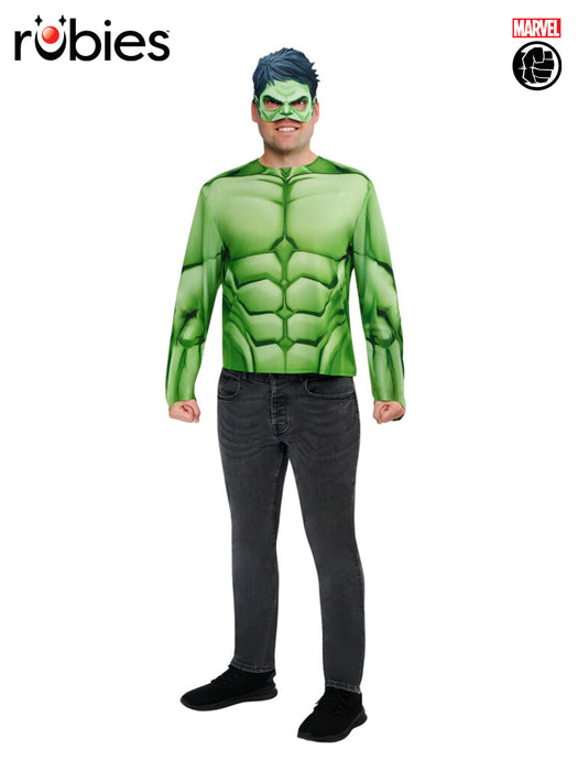 Hulk Adult Costume Top M/L - action pose with fists raised showing full costume top and mask, Rubies officially licensed Marvel product