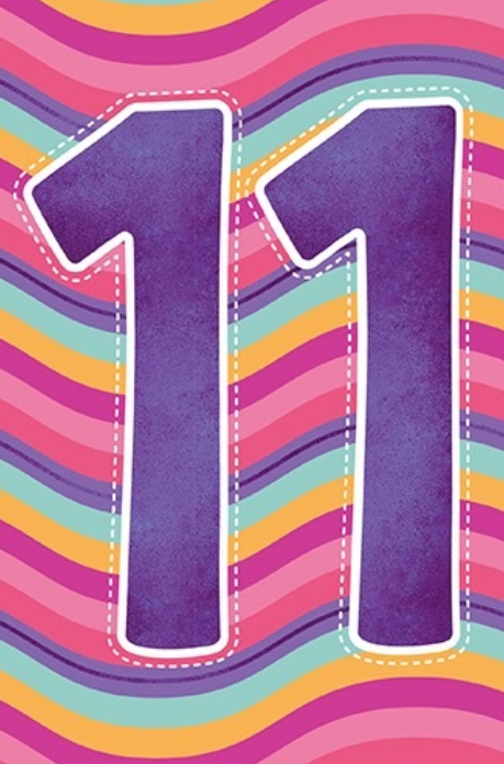 11th birthday card with a large purple number 11 over colourful pink, purple, mint and yellow wavy stripes.